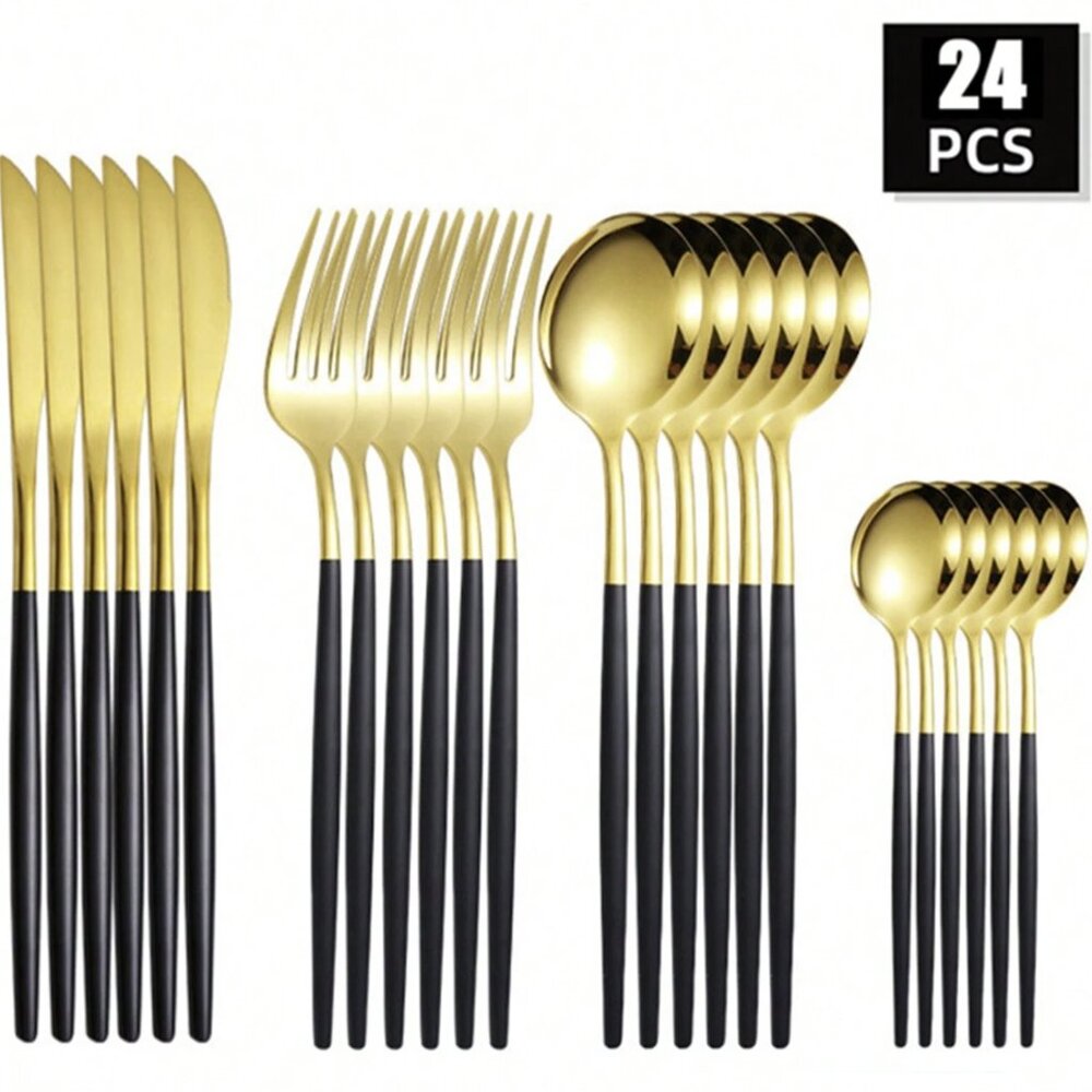 24 Pieces Stainless Steel Cutlery Set Steak Knife Fork Spoon Gold Black New